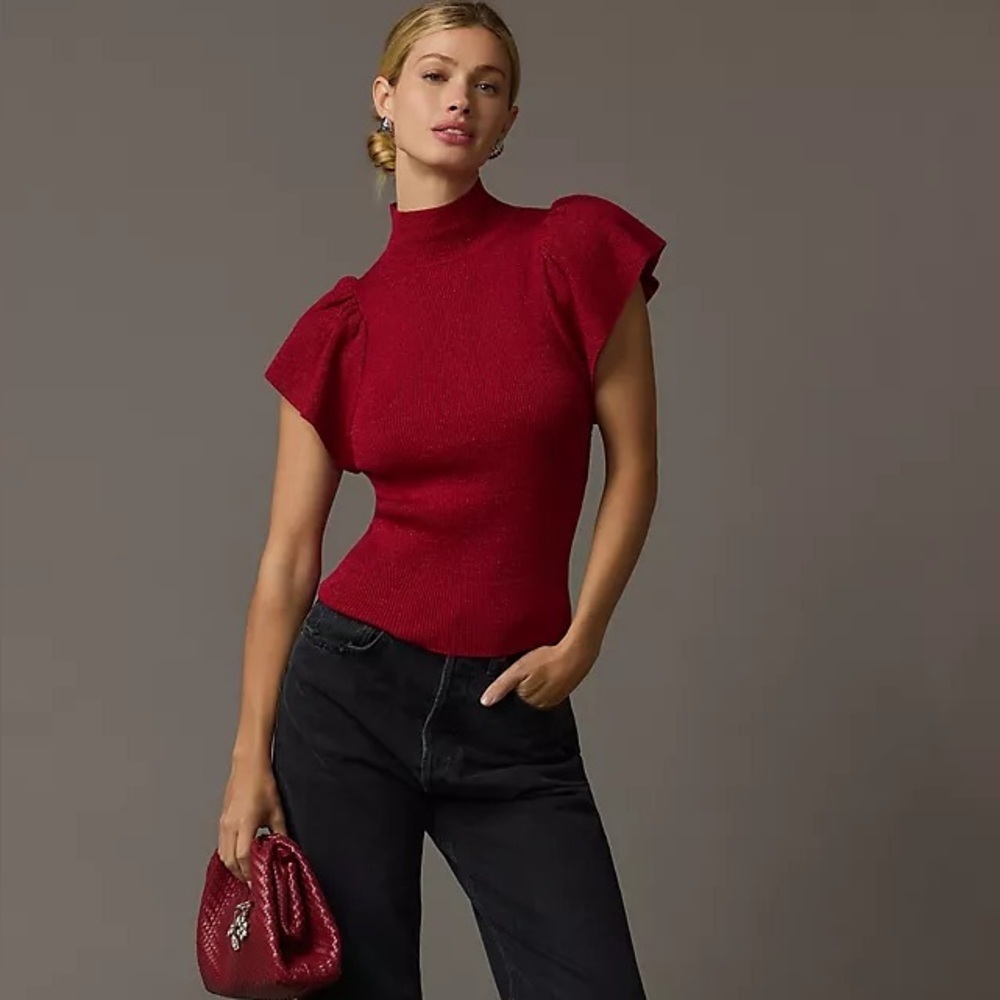 Anthropologie Maeve Glitter Flutter Muscle Sleeve Sweater in Black Size Small - Picture 3 of 10